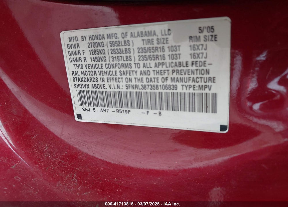 2005 HONDA ODYSSEY EX-L VIN: 5FNRL38735B106839