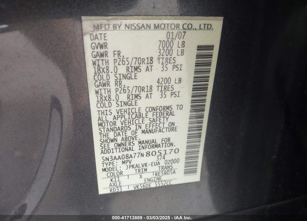 2007 INFINITI QX56 VIN: 5N3AA08A77N805170