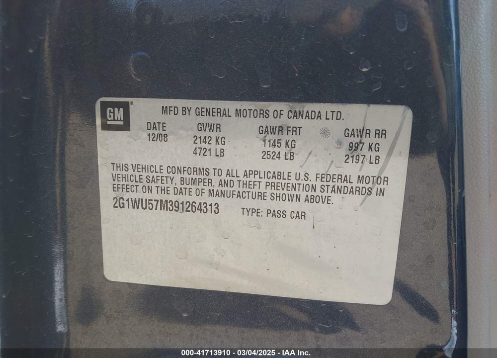 2009 CHEVROLET IMPALA VIN: 2G1WU57M391264313