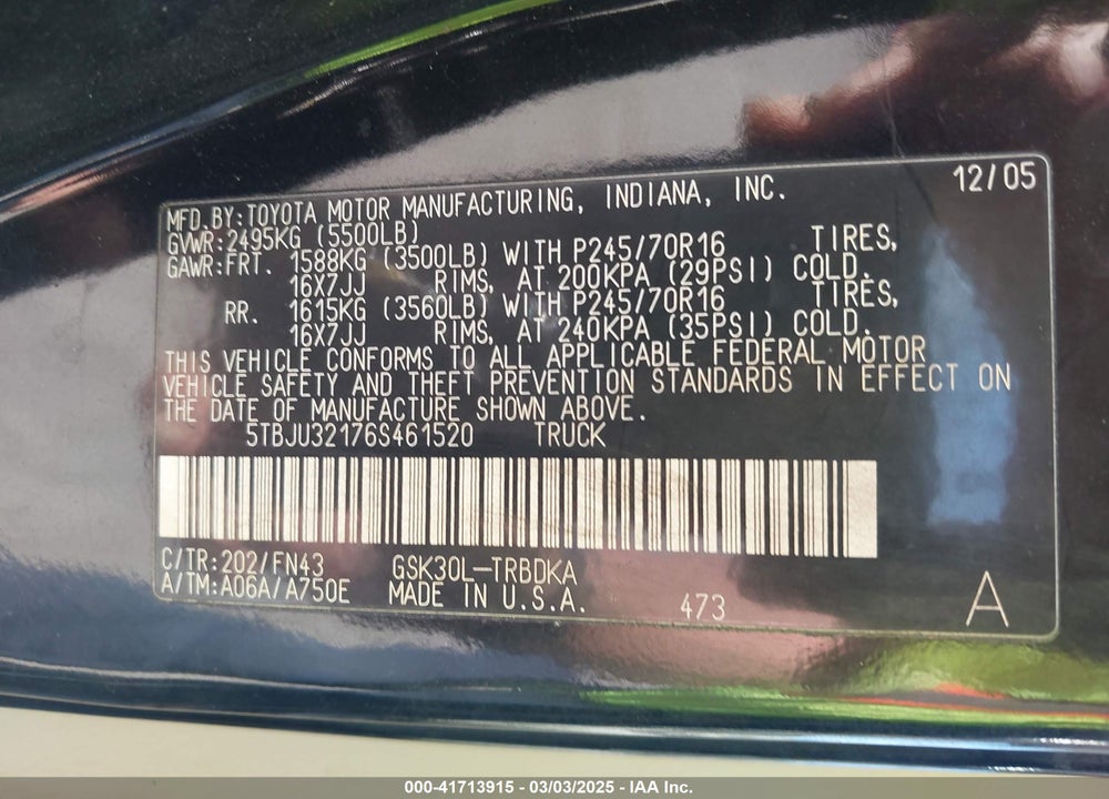 2006 TOYOTA TUNDRA VIN: 5TBJU32176S461520