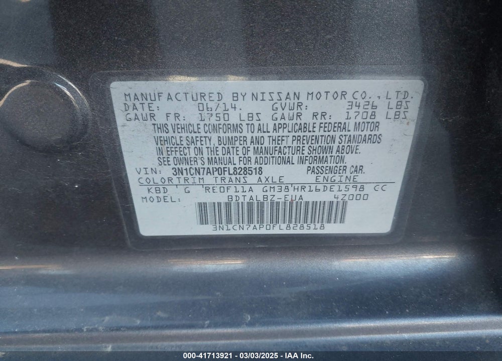 2015 NISSAN VERSA VIN: 3N1CN7AP0FL828518