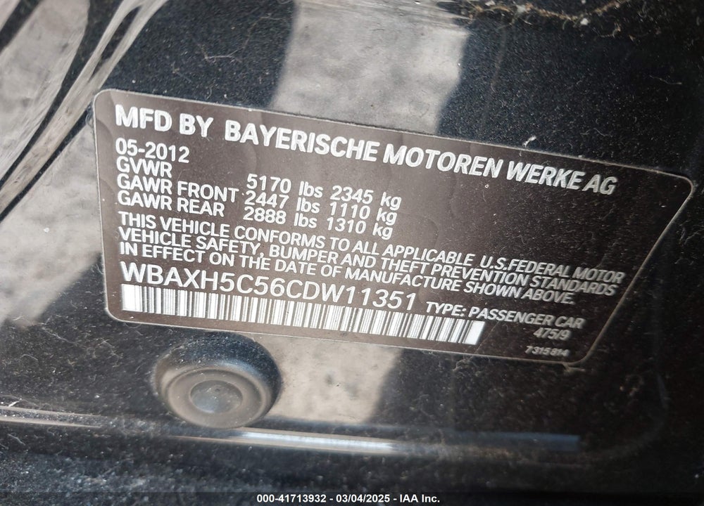 2012 BMW 528I VIN: WBAXH5C56CDW11351