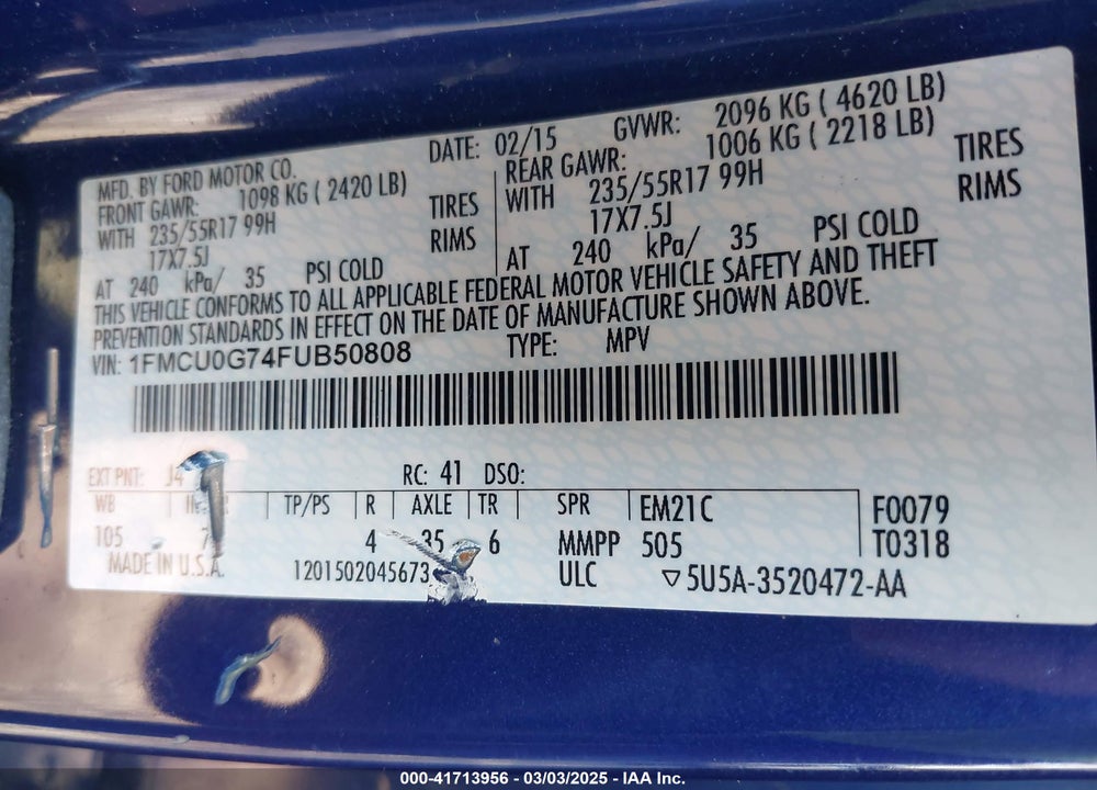2015 FORD ESCAPE VIN: 1FMCU0G74FUB50808