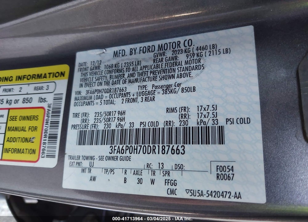 2013 FORD FUSION SE VIN: 3FA6P0H70DR187663