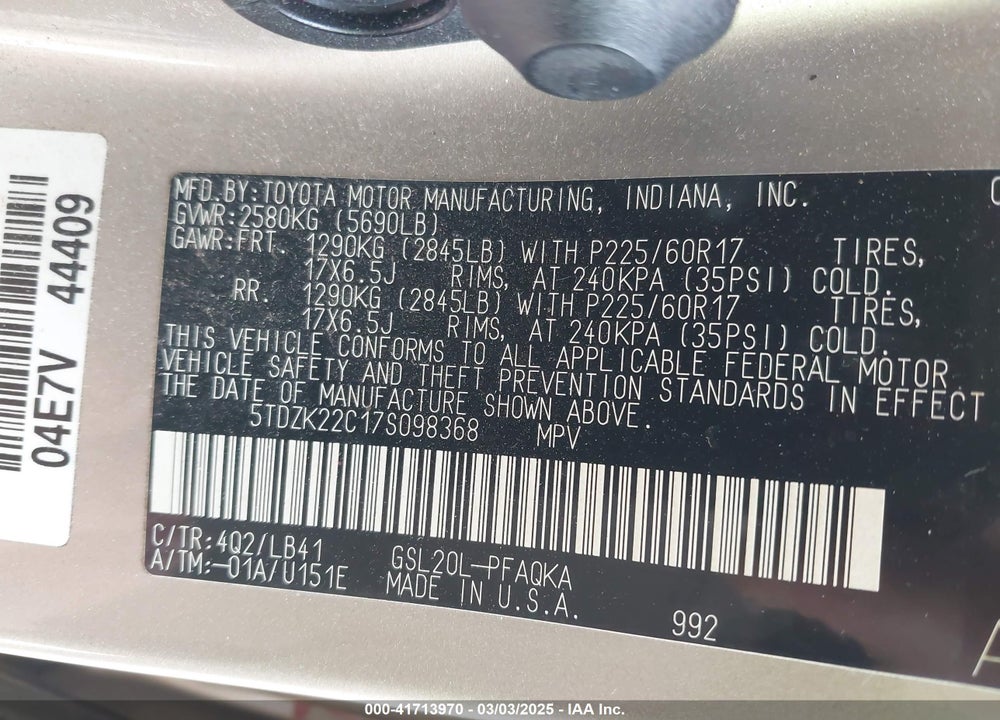 2007 TOYOTA SIENNA VIN: 5TDZK22C17S098368