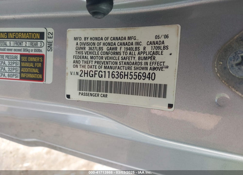 2006 HONDA CIVIC VIN: 2HGFG11636H556940