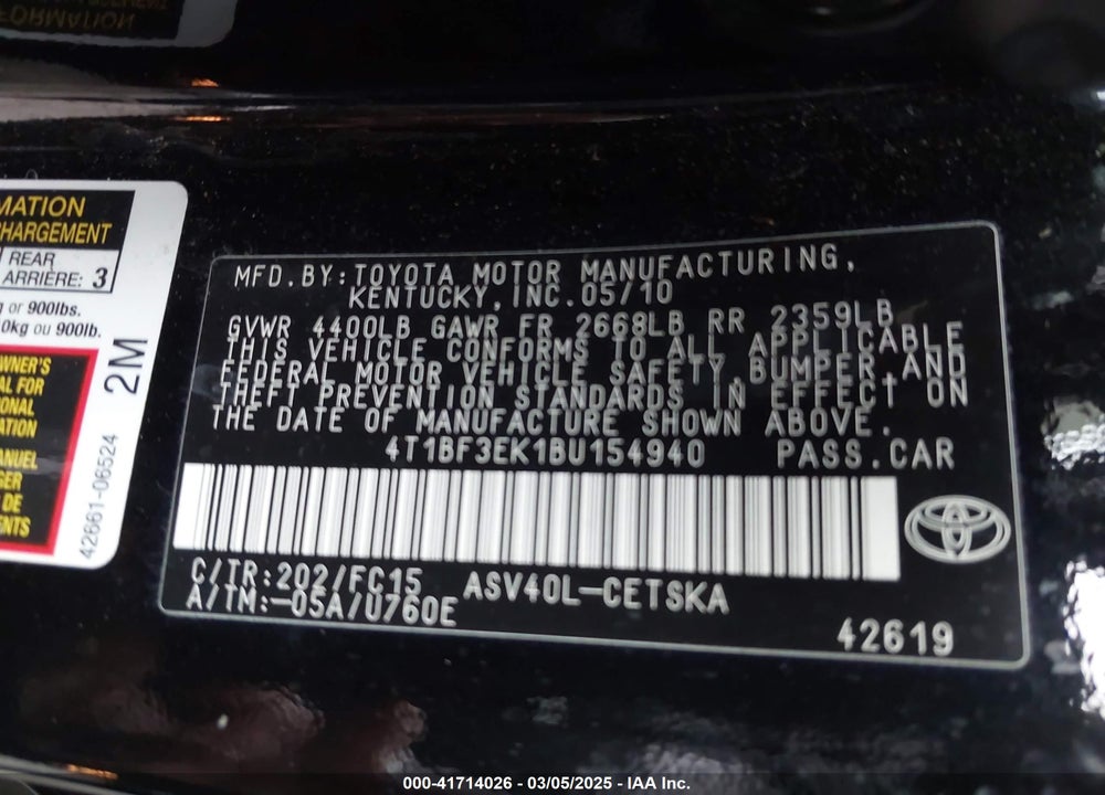 2011 TOYOTA CAMRY VIN: 4T1BF3EK1BU154940