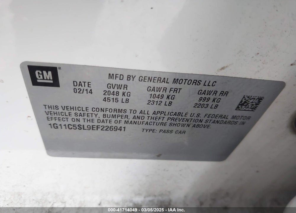 2014 CHEVROLET MALIBU VIN: 1G11C5SL9EF226941