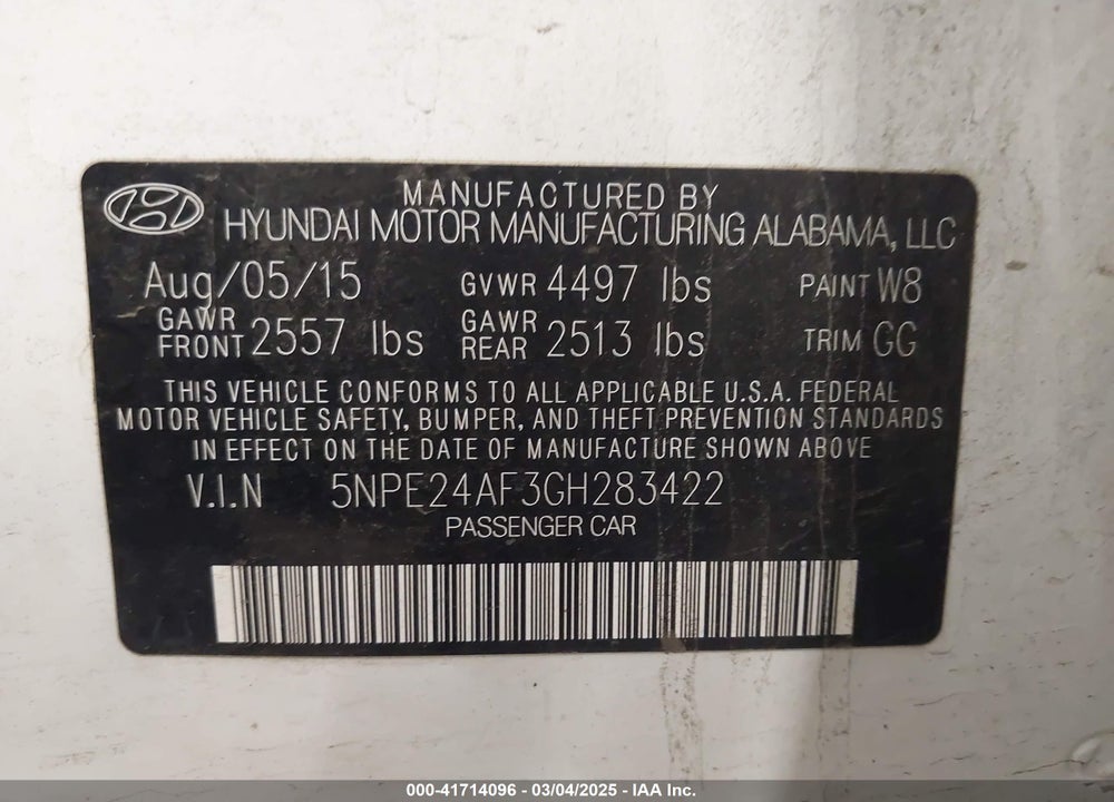 2016 HYUNDAI SONATA VIN: 5NPE24AF3GH283422