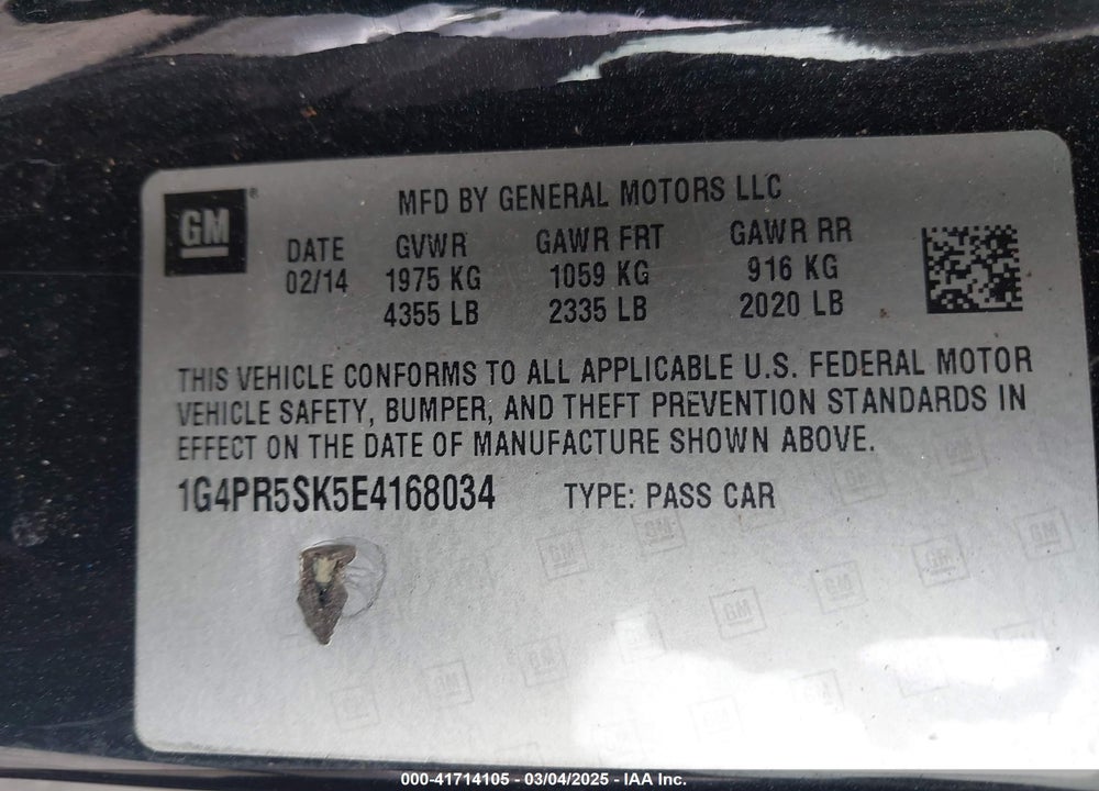 2014 BUICK VERANO VIN: 1G4PR5SK5E4168034
