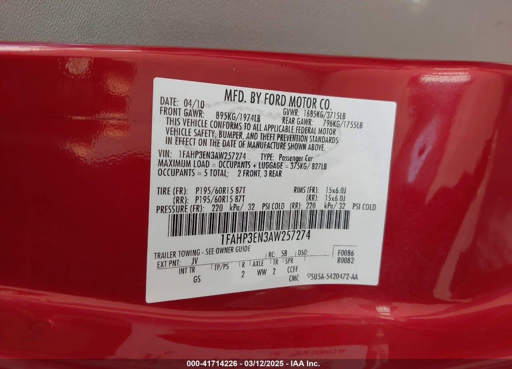2010 FORD FOCUS VIN: 1FAHP3EN3AW257274
