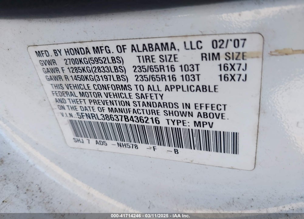 2007 HONDA ODYSSEY VIN: 5FNRL38637B436216