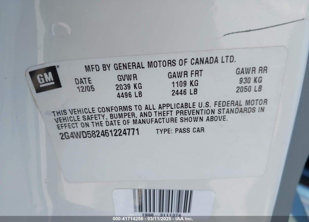 2006 BUICK LACROSSE VIN: 2G4WD582461224771