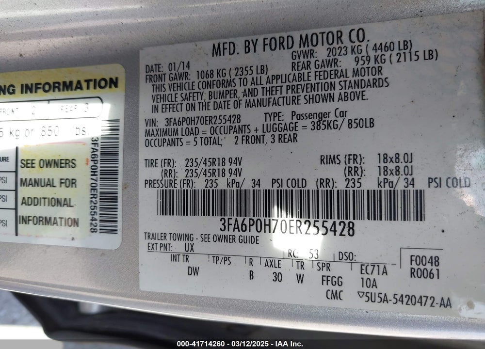 2014 FORD FUSION VIN: 3FA6P0H70ER255428