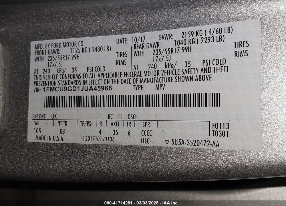 2018 FORD ESCAPE SE VIN: 1FMCU9GD1JUA45968