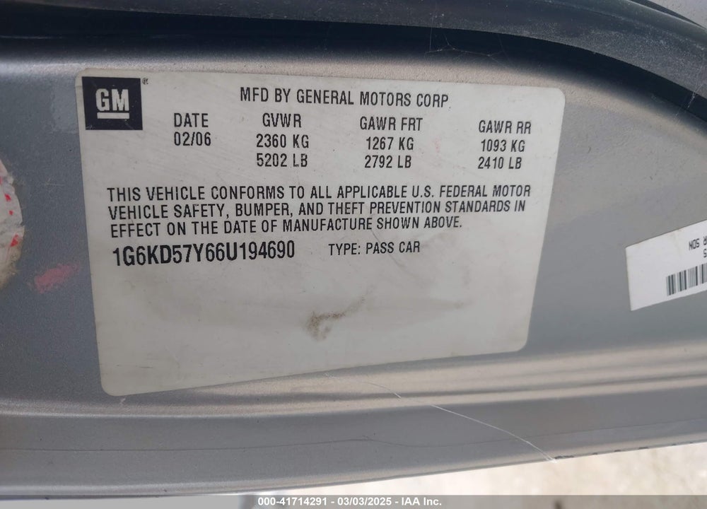 2006 CADILLAC DTS VIN: 1G6KD57Y66U194690