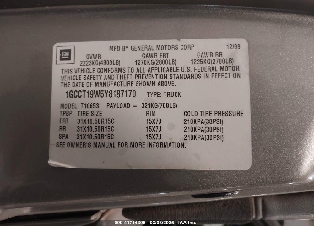 2000 CHEVROLET S-10 LS VIN: 1GCCT19W5Y8187170