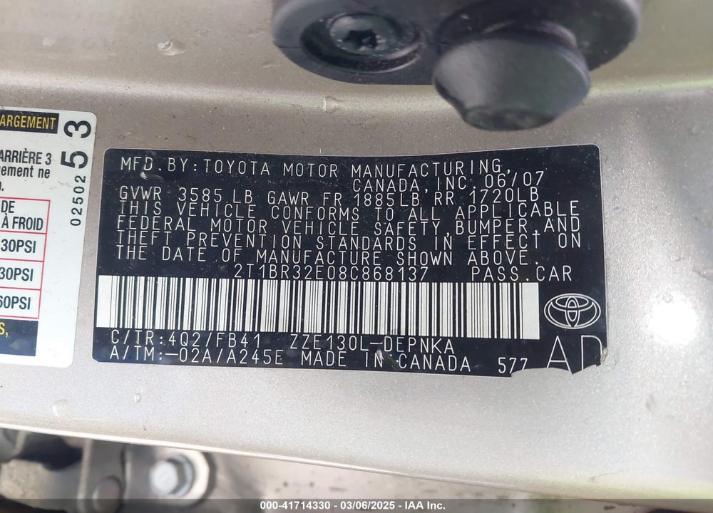 2008 TOYOTA COROLLA VIN: 2T1BR32E08C868137