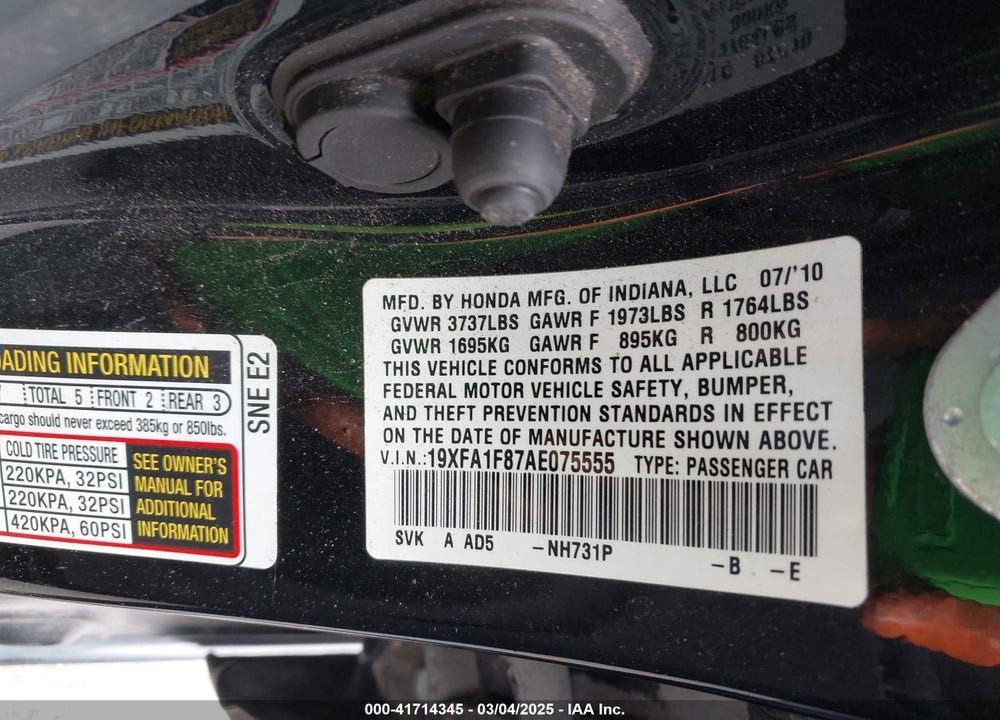 2010 HONDA CIVIC VIN: 19XFA1F87AE075555