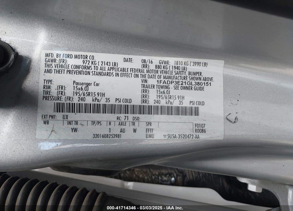 2016 FORD FOCUS S VIN: 1FADP3E21GL380151
