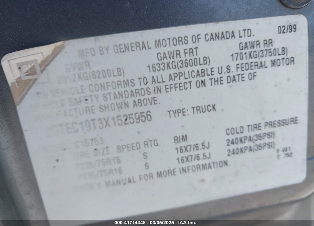 1999 GMC SIERRA 1500 SLE VIN: 2GTEC19T3X1525956
