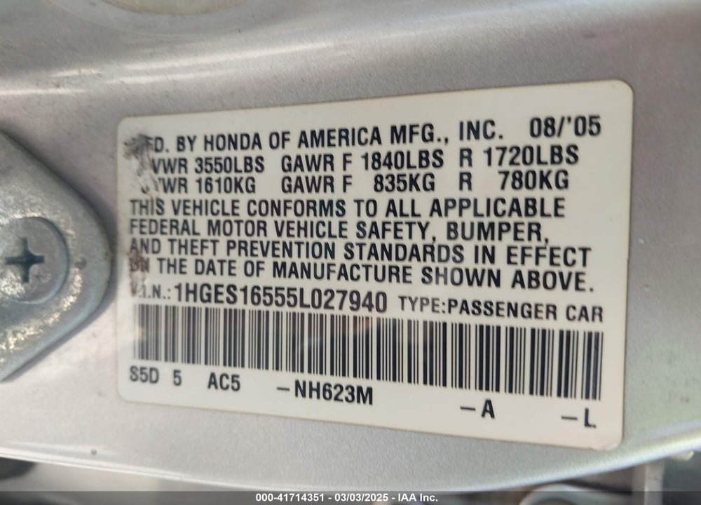 2005 HONDA CIVIC LX VIN: 1HGES16555L027940