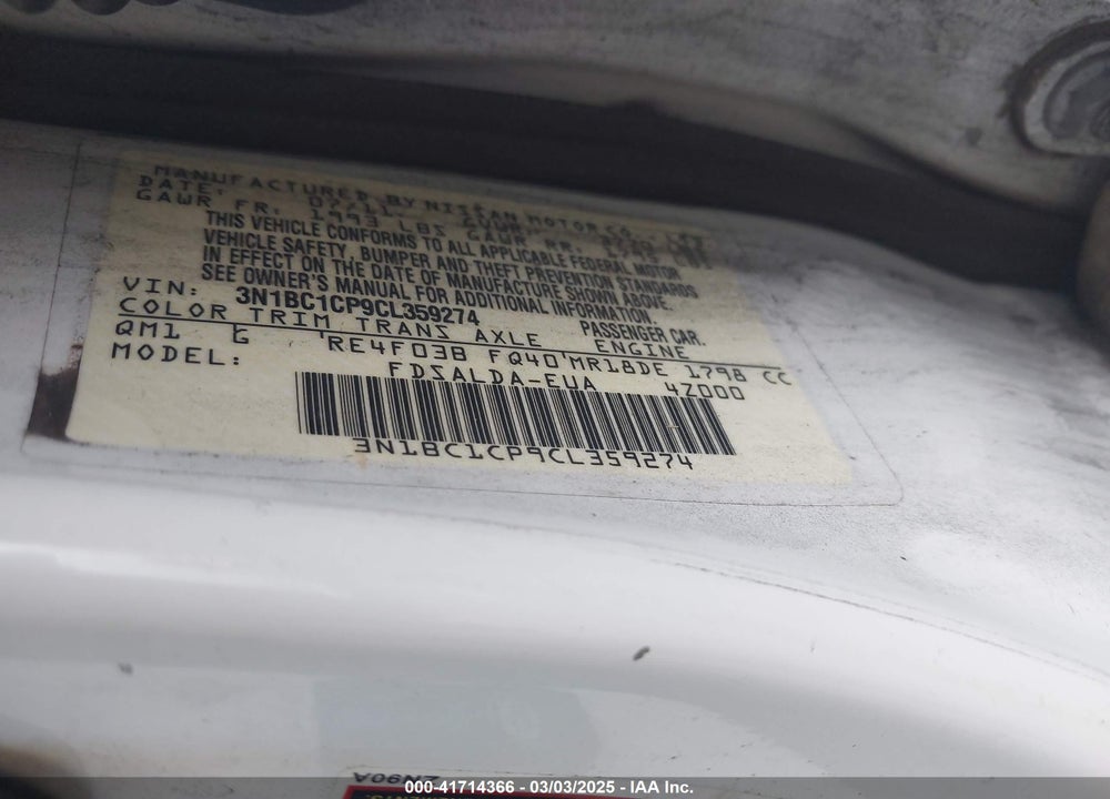2012 NISSAN VERSA VIN: 3N1BC1CP9CL359274