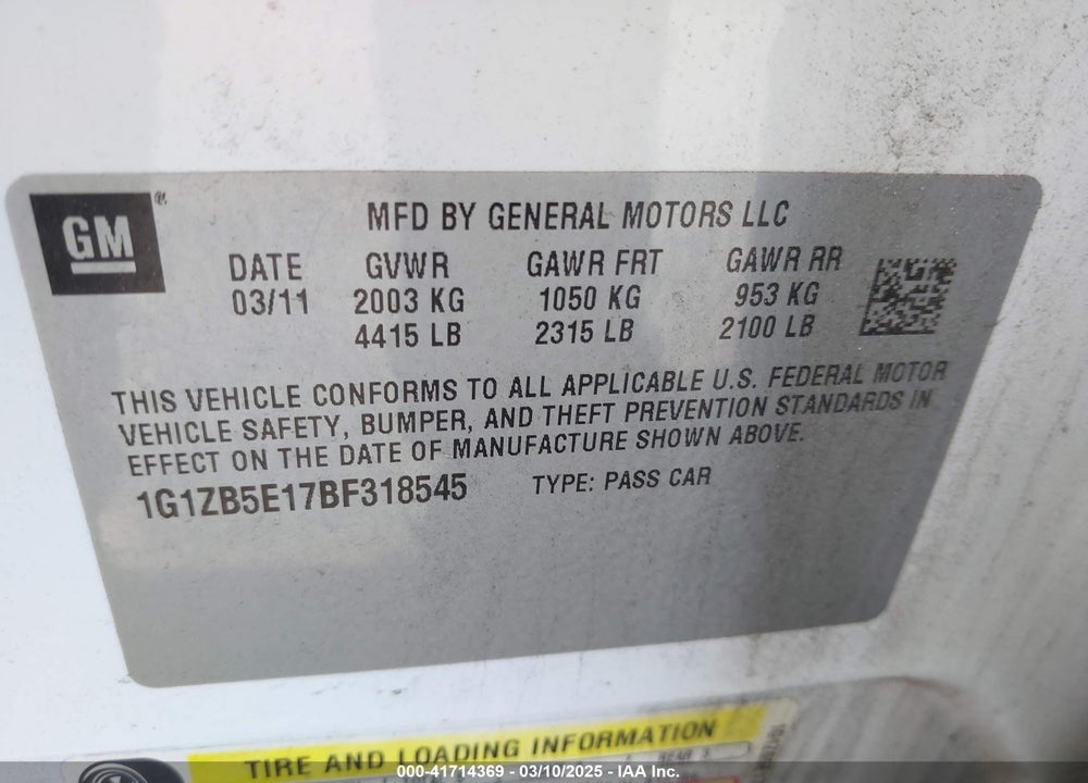 2011 CHEVROLET MALIBU VIN: 1G1ZB5E17BF318545