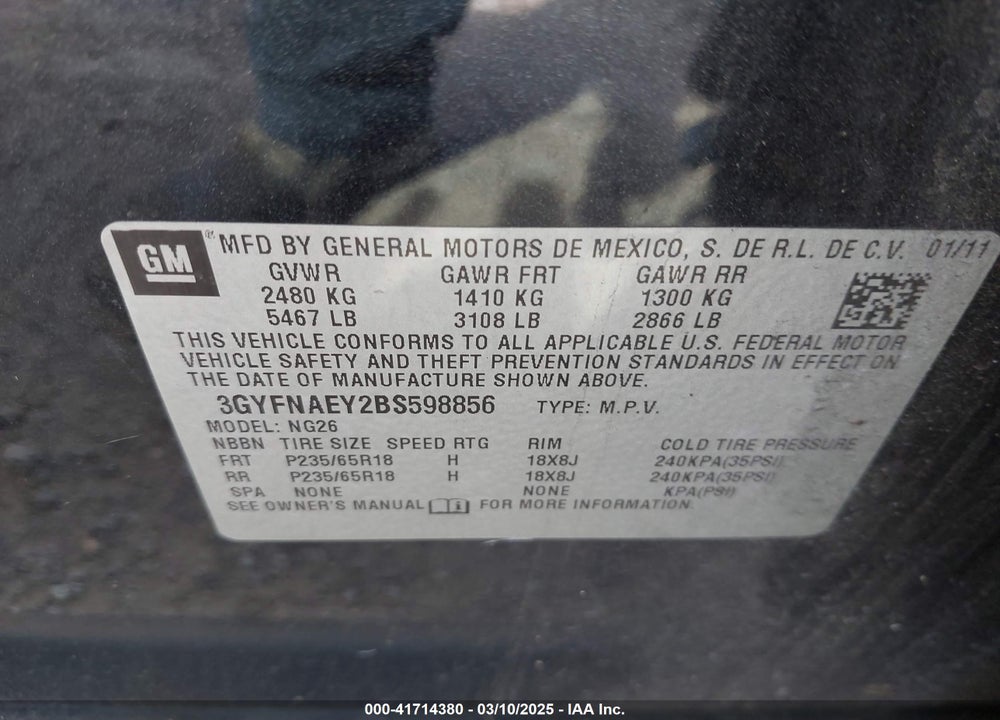 2011 CADILLAC SRX VIN: 3GYFNAEY2BS598856