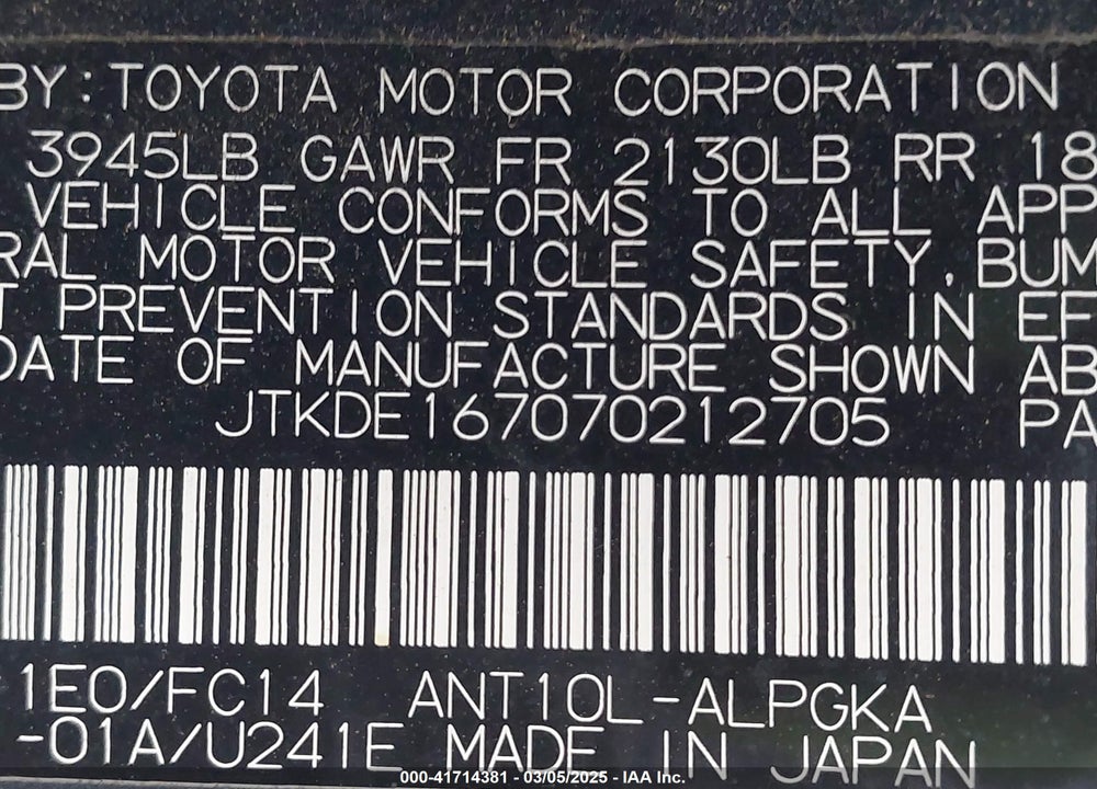 2007 SCION TC VIN: JTKDE167070212705
