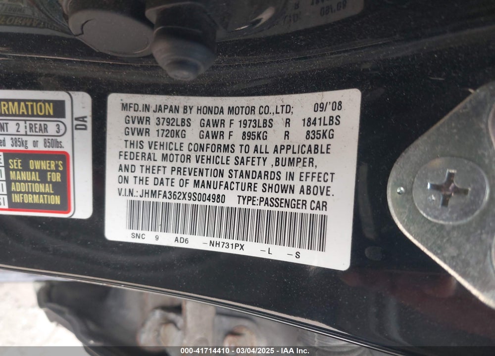2009 HONDA CIVIC HYBRID VIN: JHMFA362X9S004980