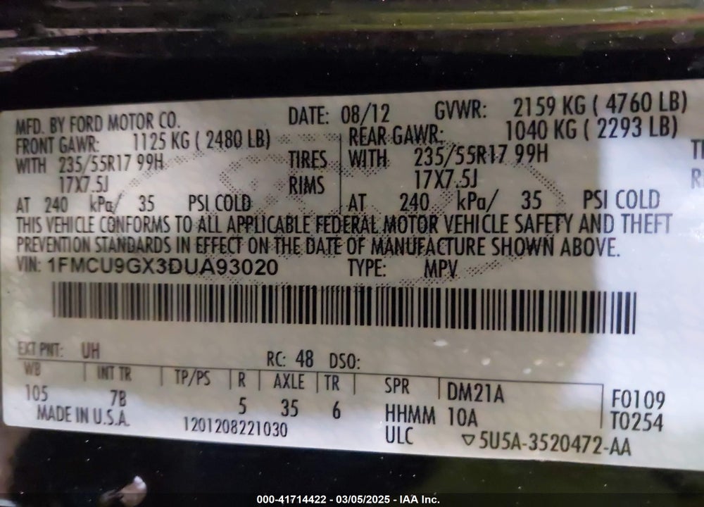 2013 FORD ESCAPE SE VIN: 1FMCU9GX3DUA93020