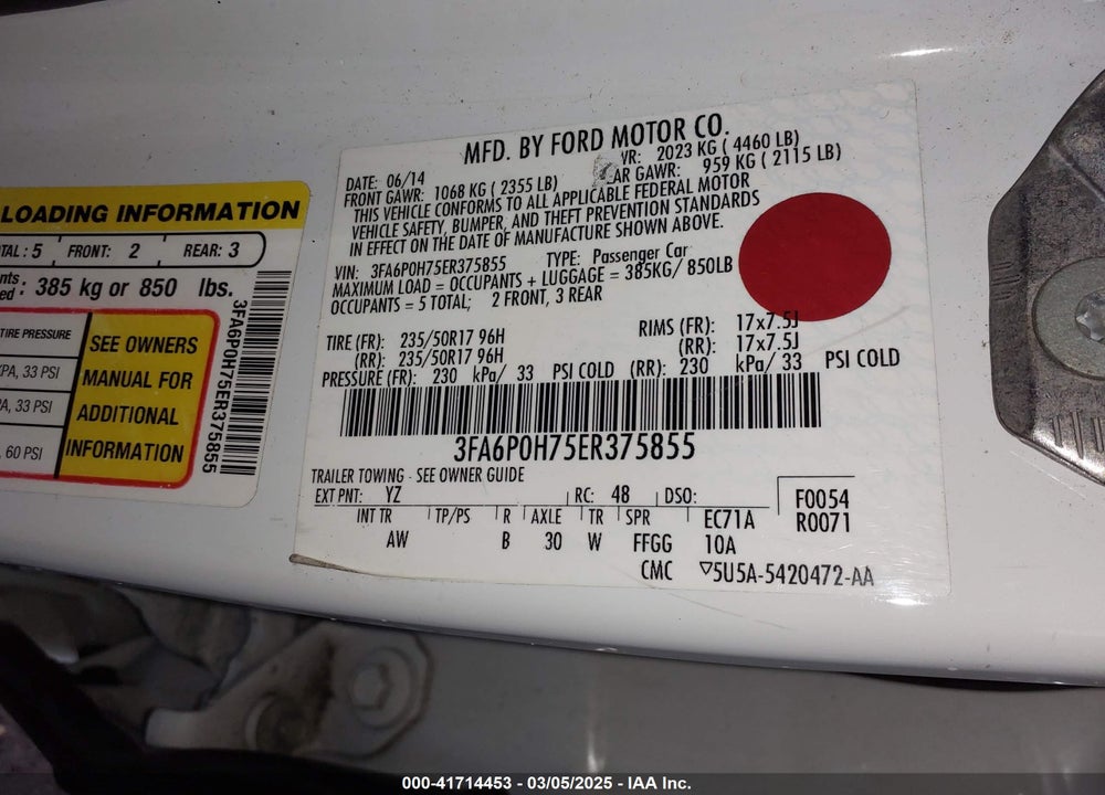 2014 FORD FUSION VIN: 3FA6P0HDXER375310