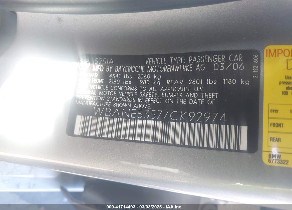 2007 BMW 525I VIN: WBANE53577CK92974