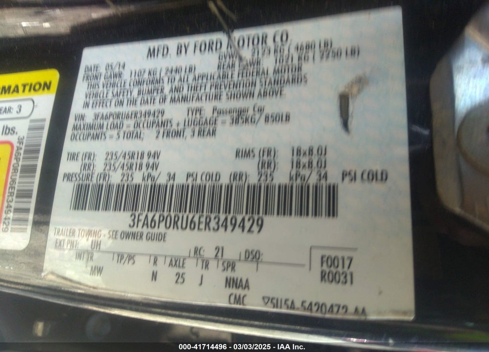 2014 FORD FUSION HYBRID VIN: 3FA6P0RU6ER349429