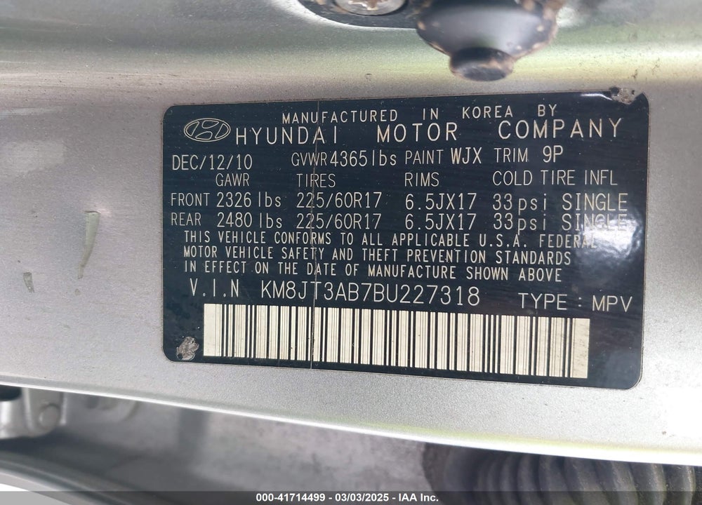 2011 HYUNDAI TUCSON GL VIN: KM8JT3AB7BU227318