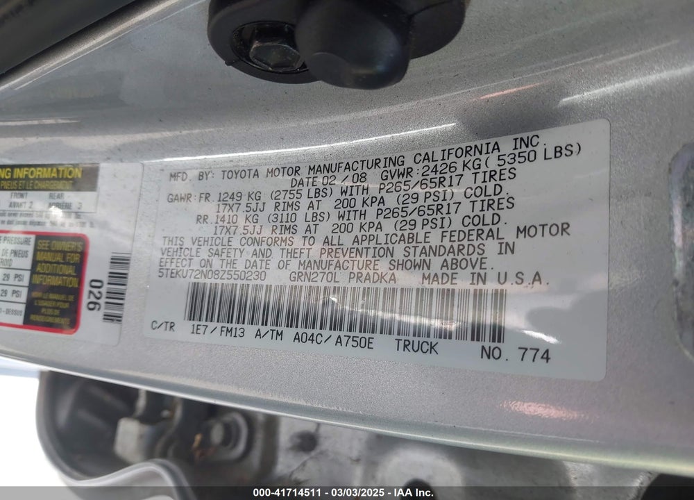 2008 TOYOTA TACOMA VIN: 5TEKU72N08Z550230