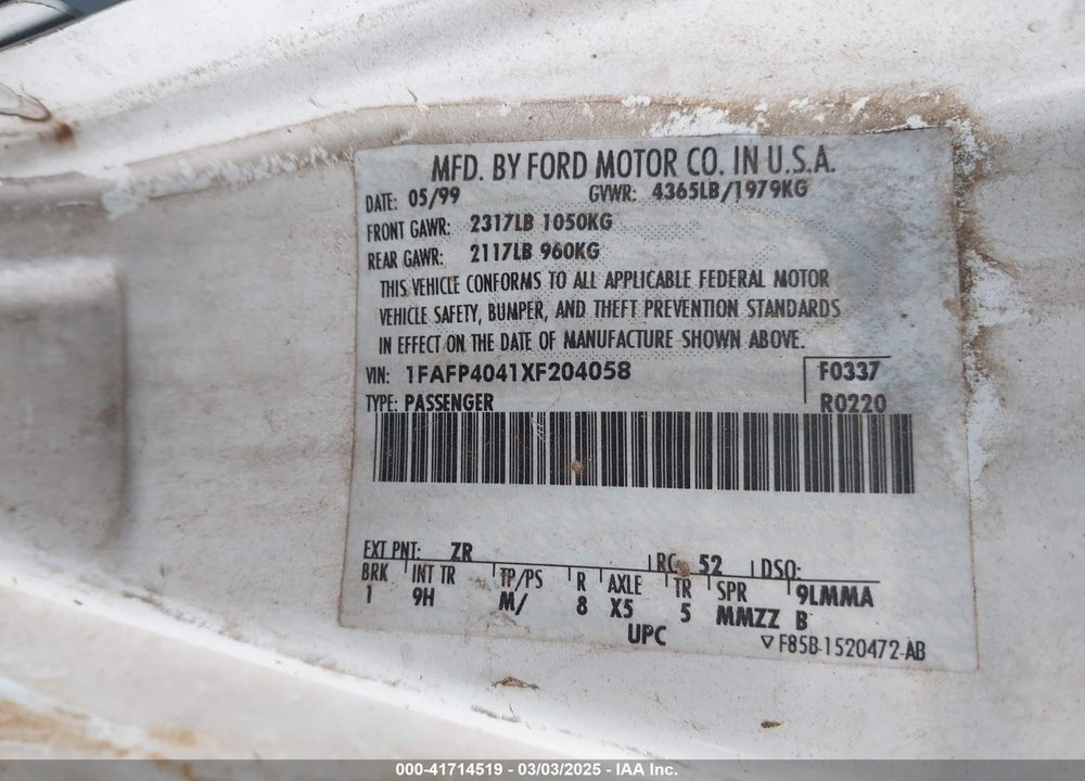 1999 FORD MUSTANG VIN: 1FAFP4041XF204058