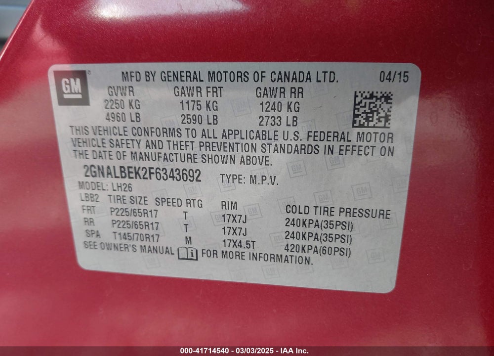 2015 CHEVROLET EQUINOX VIN: 2GNALBEK2F6343692