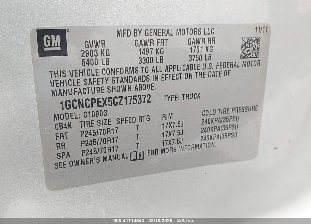 2012 CHEVROLET SILVERADO VIN: 1GCNCPEX5CZ175372