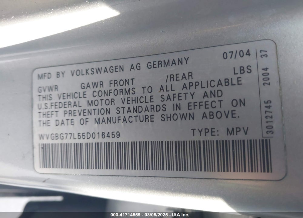 2005 VOLKSWAGEN TOUAREG VIN: WVGBG77L55D016459