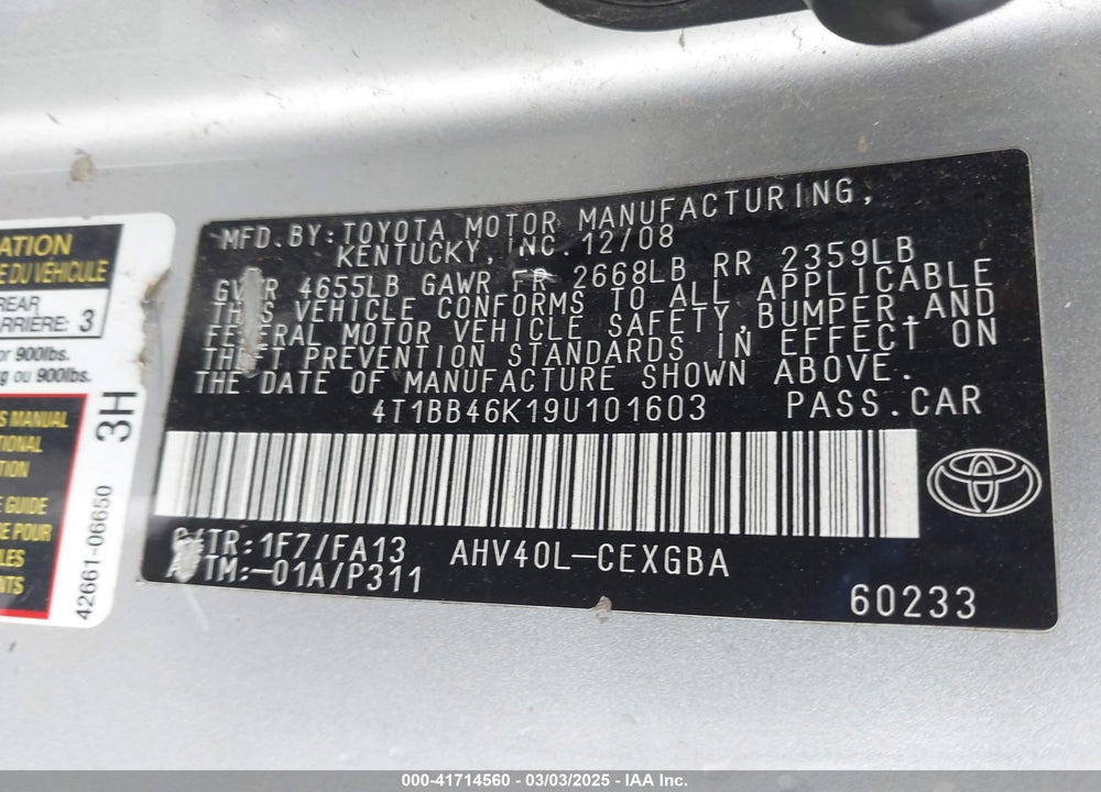 2009 TOYOTA CAMRY HYBRID VIN: 4T1BB46K19U101603