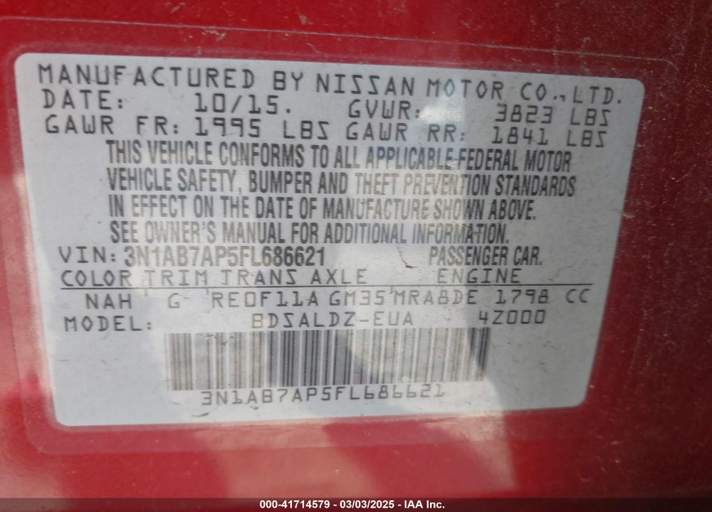 2015 NISSAN SENTRA VIN: 3N1AB7AP5FL686621
