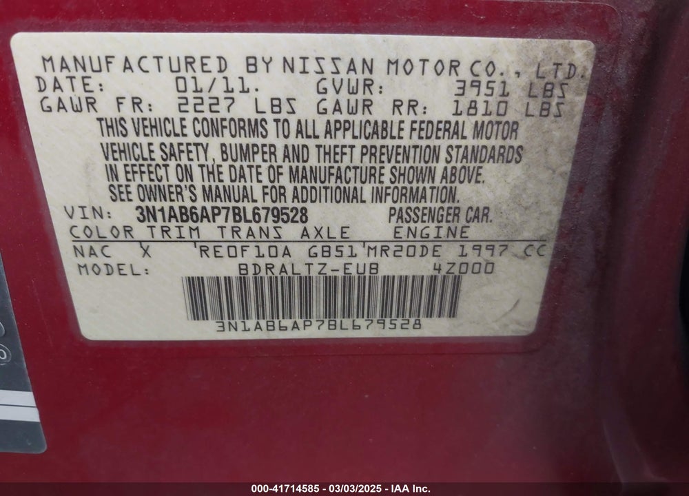 2011 NISSAN SENTRA 2.0S VIN: 3N1AB6AP7BL679528
