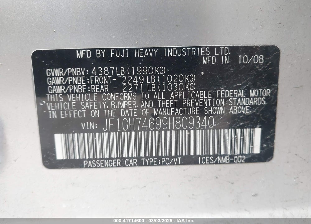 2009 SUBARU IMPREZA VIN: JF1GH74699H809340