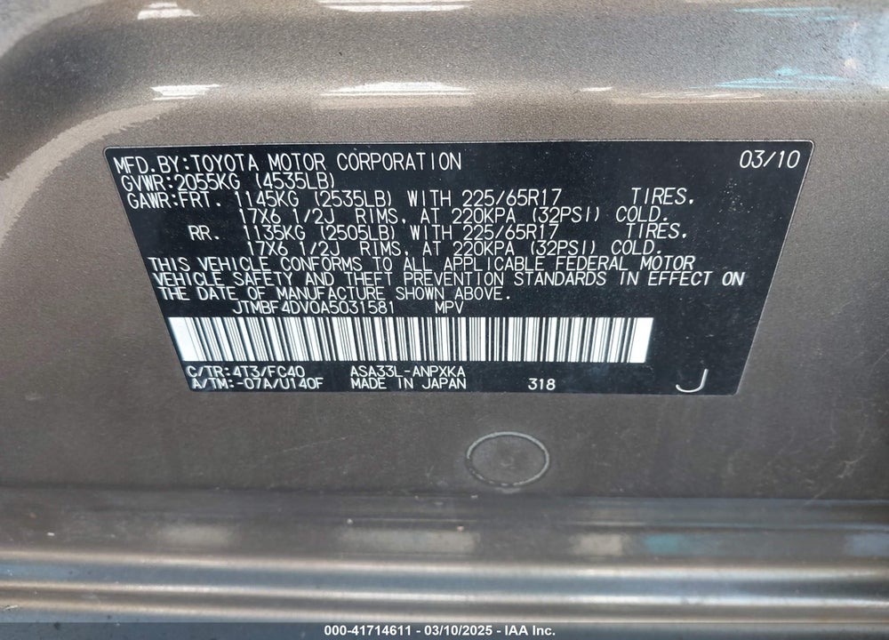 2010 TOYOTA RAV4 VIN: JTMBF4DV0A5031581