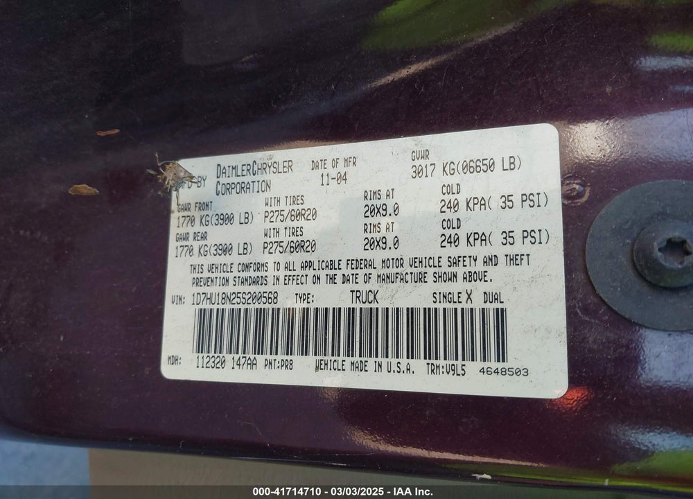 2005 DODGE RAM 1500 SLT/LARAMIE VIN: 1D7HU18N25S200568