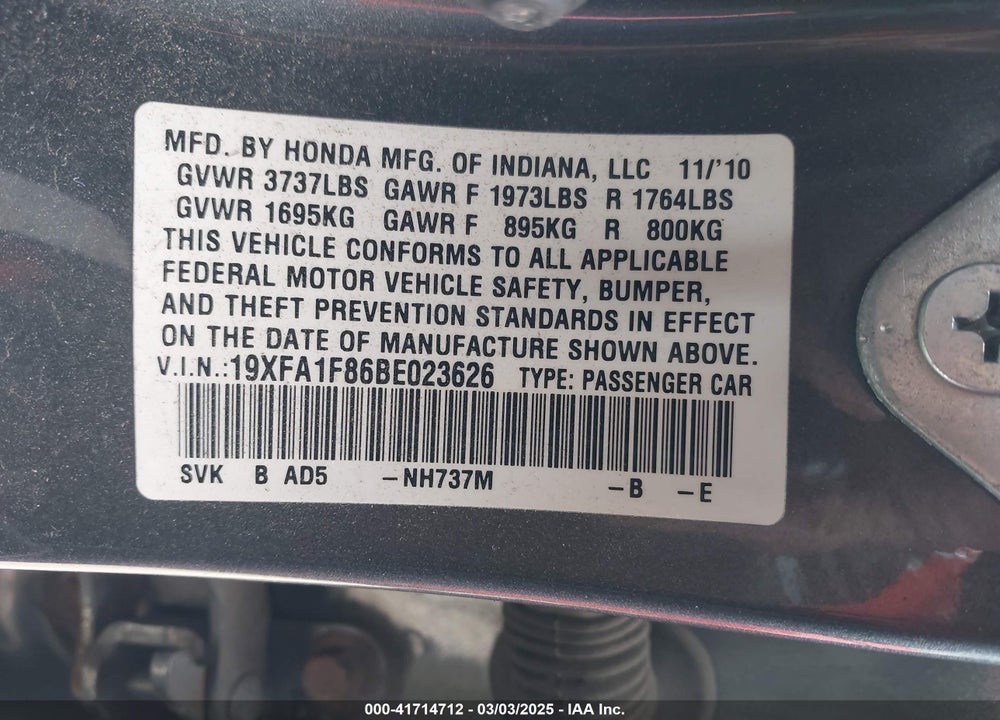 2011 HONDA CIVIC VIN: 19XFA1F86BE023626