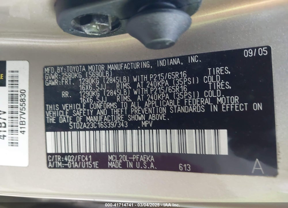2006 TOYOTA SIENNA LE VIN: 5TDZA23C16S397343