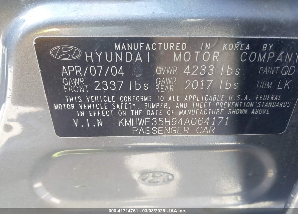 2004 HYUNDAI SONATA GLS/LX VIN: KMHWF35H94A064171